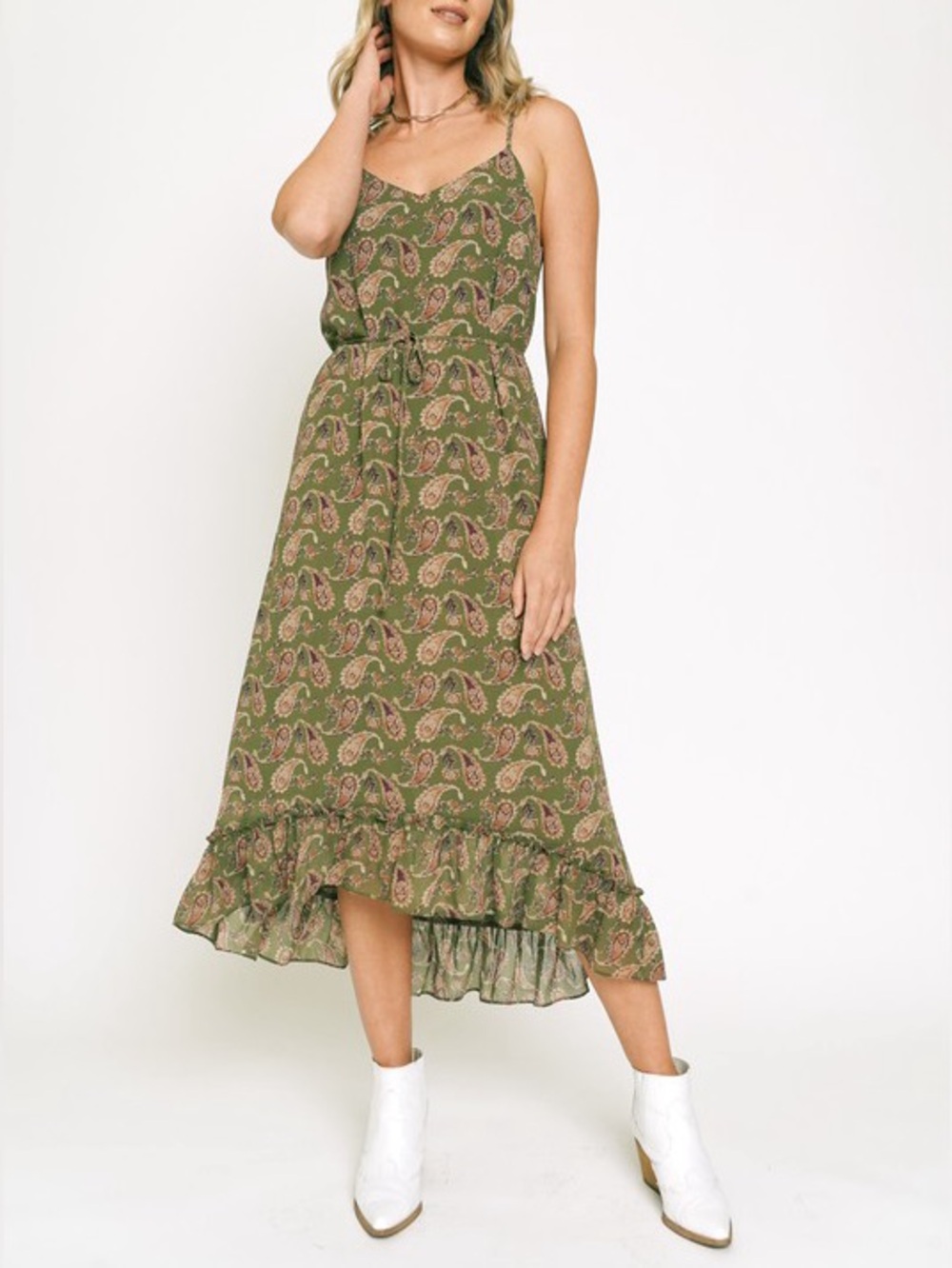 🍂SPECIAL🍂PAISLEY PRINT RUFFLE HEM SLIP DRESS|OLIVE - Picture 2 of 6